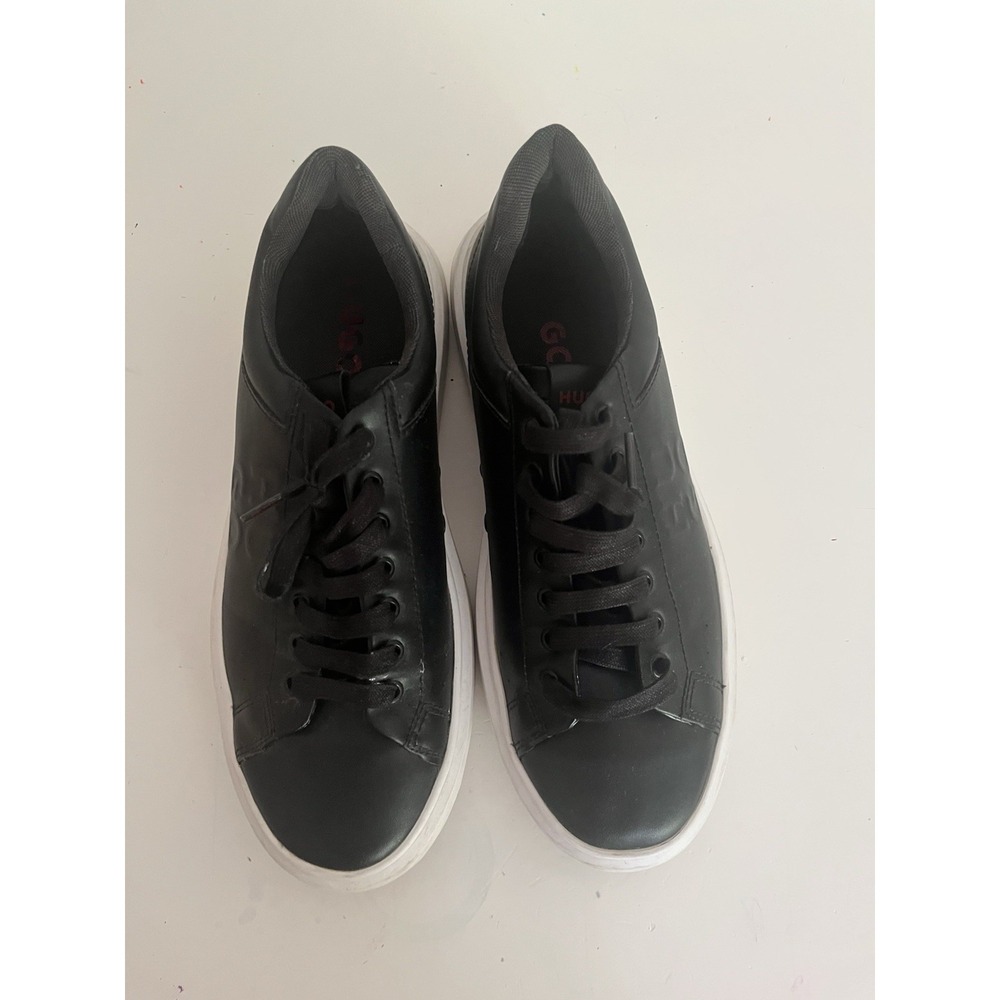 HUGO by Hugo Boss Men's Black Leather Sneakers EU 42 US 9 White Sole - Picture 2 of 14